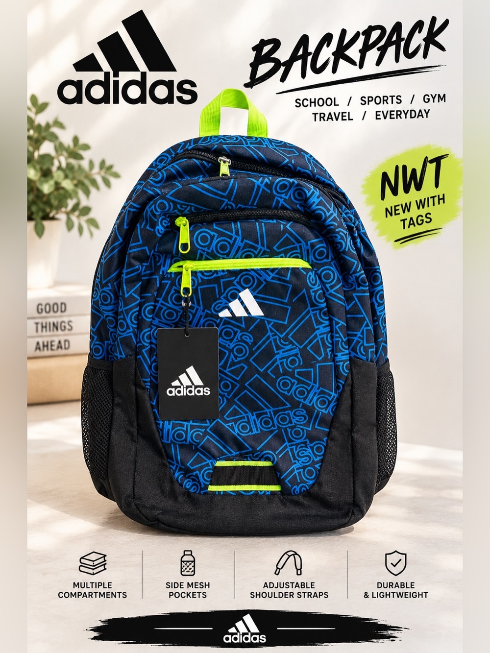 NWT adidas Backpack Blue Black All Over Logo Print Neon Green School Sports Bag